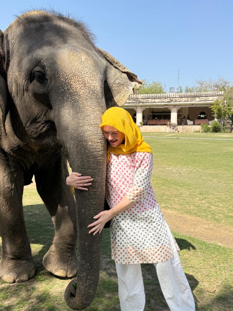 a woman with a yellow head scarf touching an elephant